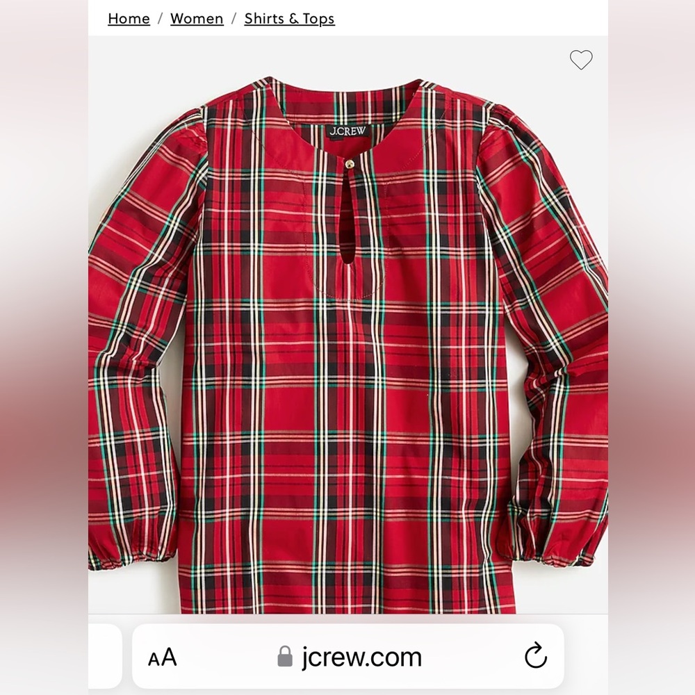 NWT J Crew Puff-sleeve poplin top in Good Tidings plaid BN 161